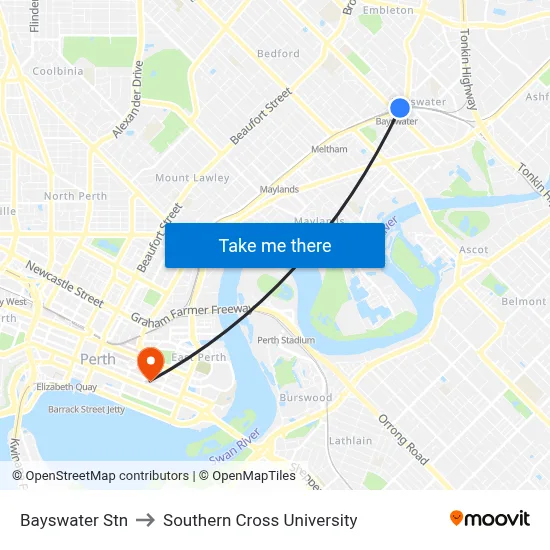 Bayswater Stn to Southern Cross University map