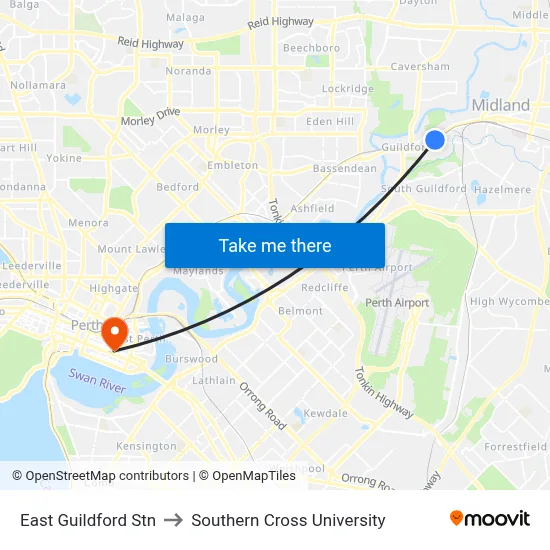 East Guildford Stn to Southern Cross University map