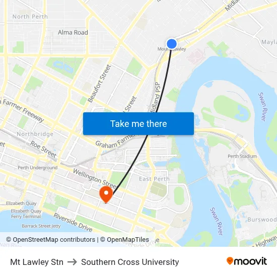 Mt Lawley Stn to Southern Cross University map