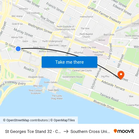 St Georges Tce Stand 32 - Cat Id 21 to Southern Cross University map
