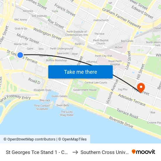 St Georges Tce Stand 1 -  Cat Id 31 to Southern Cross University map