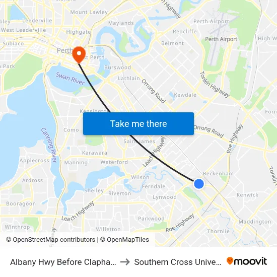 Albany Hwy Before Clapham St to Southern Cross University map