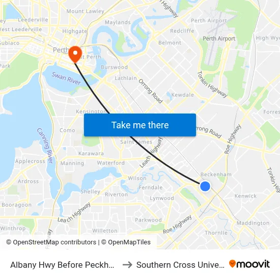 Albany Hwy Before Peckham St to Southern Cross University map
