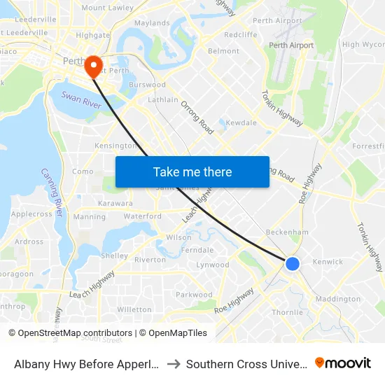 Albany Hwy Before Apperley St to Southern Cross University map