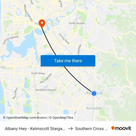 Albany Hwy - Kelmscott Stargate Shopping Ctr to Southern Cross University map