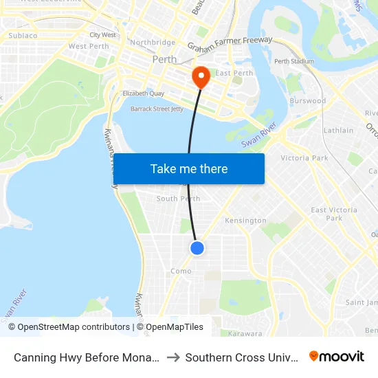 Canning Hwy Before Monash Av to Southern Cross University map
