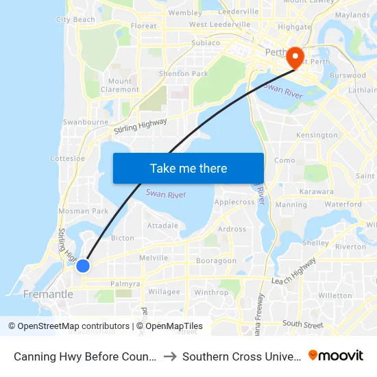 Canning Hwy Before Council Pl to Southern Cross University map