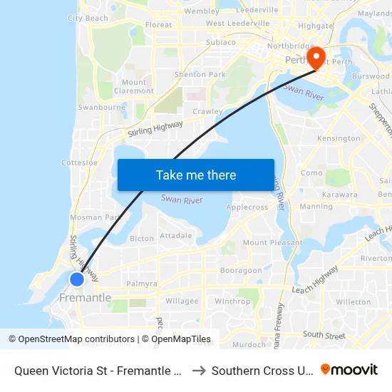 Queen Victoria St - Fremantle Traffic Bridge to Southern Cross University map