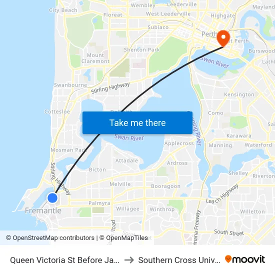 Queen Victoria St Before James St to Southern Cross University map