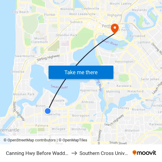 Canning Hwy Before Waddell Rd to Southern Cross University map