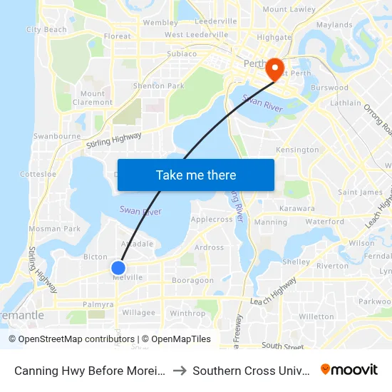 Canning Hwy Before Moreing Rd to Southern Cross University map