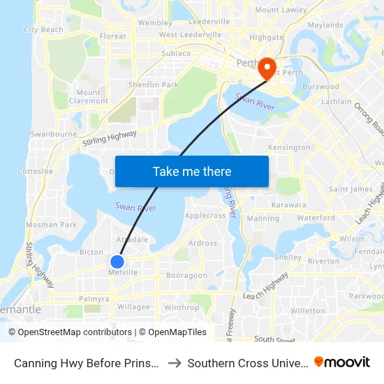 Canning Hwy Before Prinsep Rd to Southern Cross University map