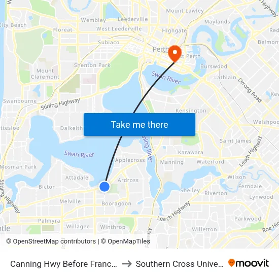 Canning Hwy Before Francis Rd to Southern Cross University map
