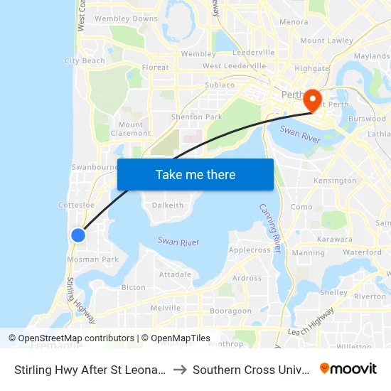 Stirling Hwy After St Leonards St to Southern Cross University map