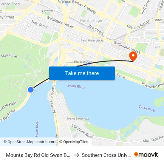 Mounts Bay Rd Old Swan Brewery to Southern Cross University map