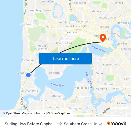 Stirling Hwy Before Clapham Ln to Southern Cross University map