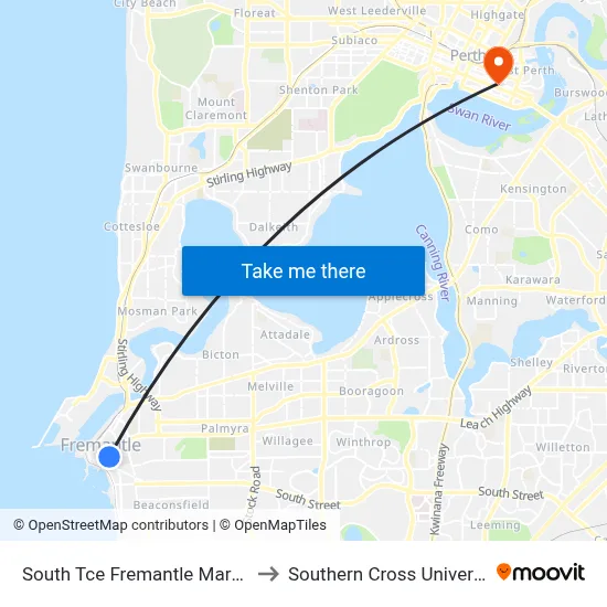 South Tce Fremantle Markets to Southern Cross University map