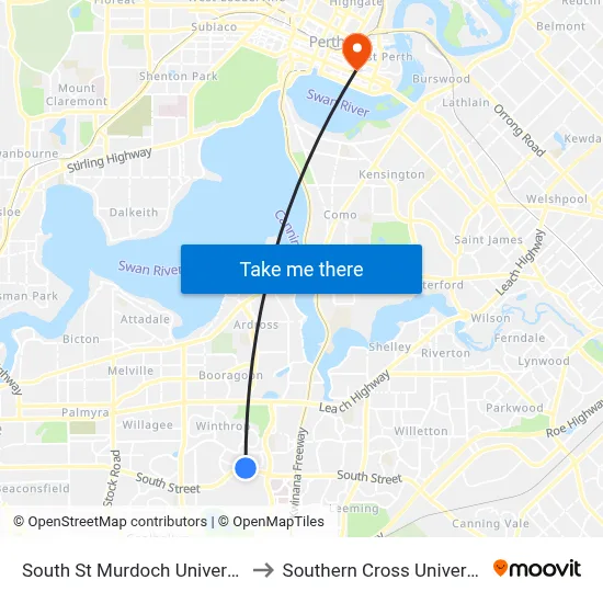 South St Murdoch University to Southern Cross University map