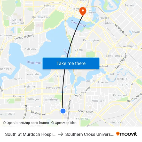 South St Murdoch Hospital to Southern Cross University map