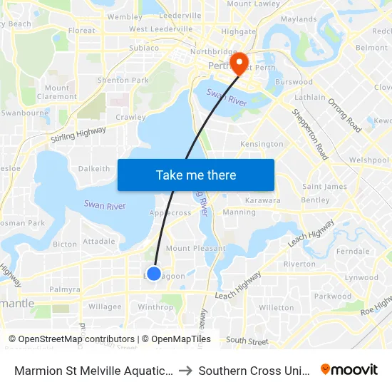 Marmion St Melville Aquatic Centre to Southern Cross University map