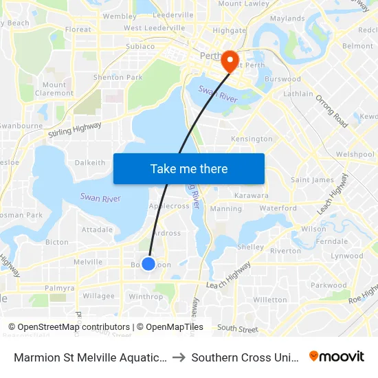 Marmion St Melville Aquatic Centre to Southern Cross University map