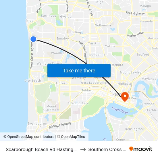 Scarborough Beach Rd Hastings Street Cat Id 19 to Southern Cross University map