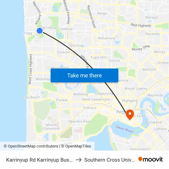 Karrinyup Rd Karrinyup Bus Depot to Southern Cross University map