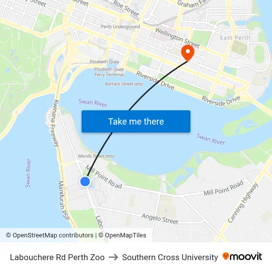 Labouchere Rd Perth Zoo to Southern Cross University map