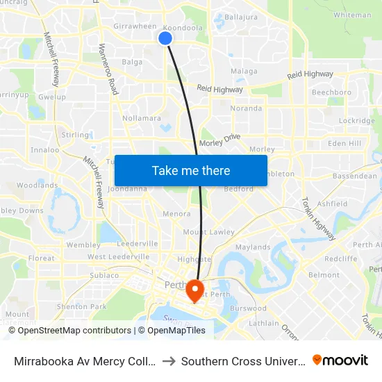 Mirrabooka Av Mercy College to Southern Cross University map