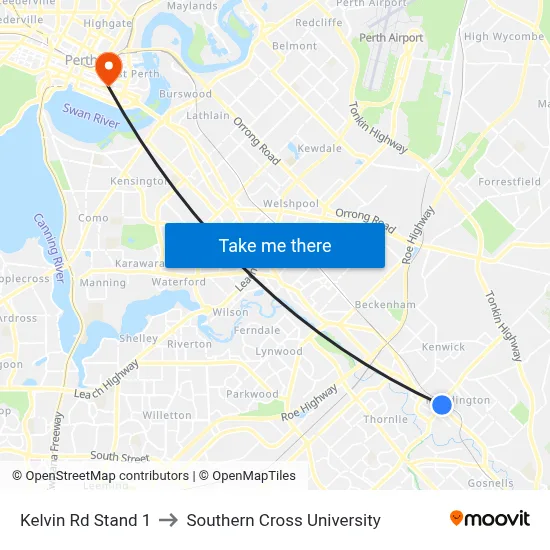 Kelvin Rd Stand 1 to Southern Cross University map