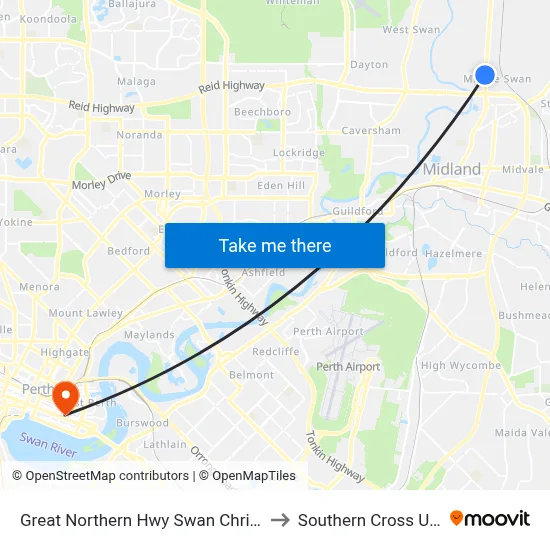 Great Northern Hwy Swan Christian College to Southern Cross University map