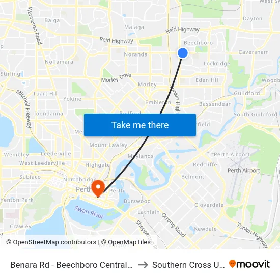Benara Rd - Beechboro Central Shopping Ctr to Southern Cross University map