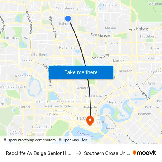 Redcliffe Av Balga Senior High School to Southern Cross University map
