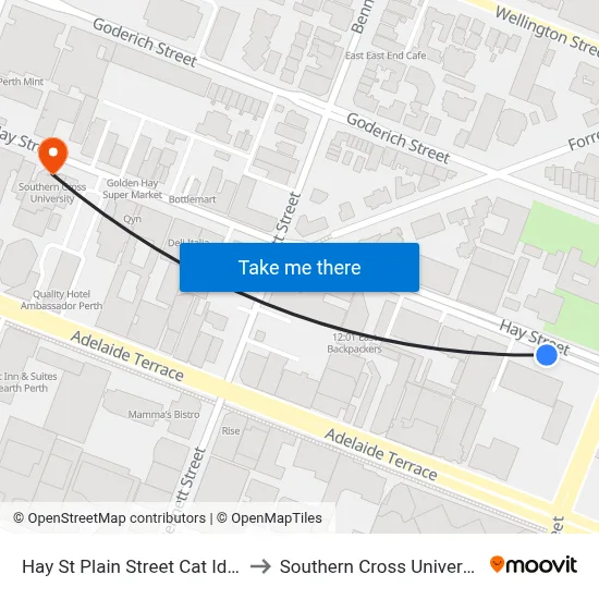 Hay St Plain Street Cat Id 81 to Southern Cross University map