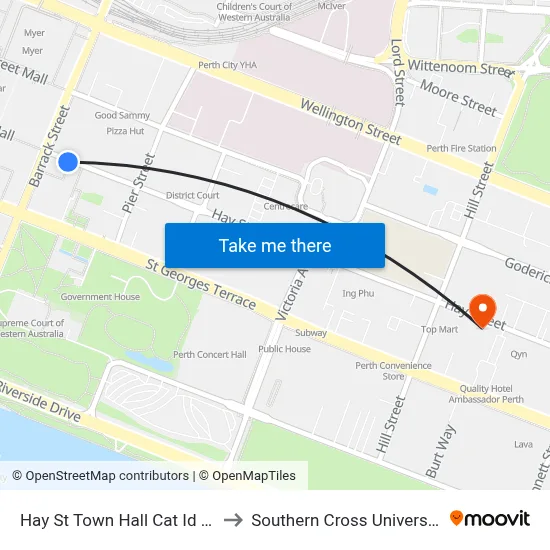 Hay St Town Hall Cat Id 85 to Southern Cross University map