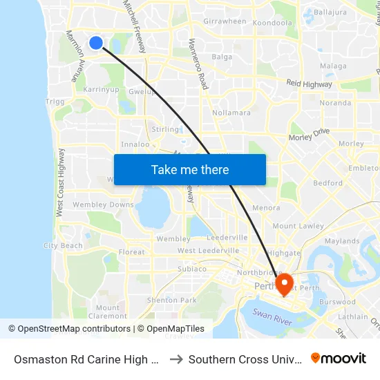 Osmaston Rd Carine High School to Southern Cross University map