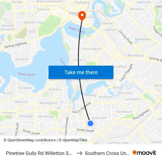 Pinetree Gully Rd Willetton Shs Stand 1 to Southern Cross University map