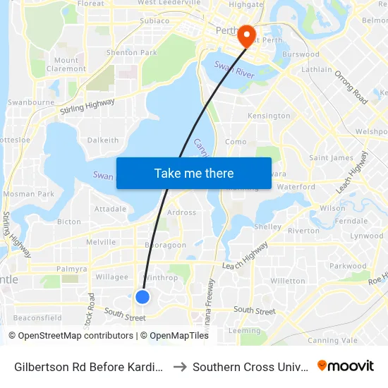 Gilbertson Rd Before Kardinya Rd to Southern Cross University map