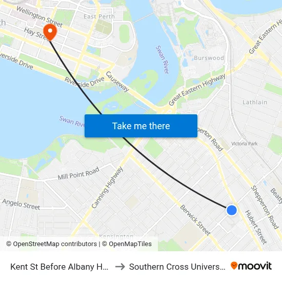 Kent St Before Albany Hwy to Southern Cross University map