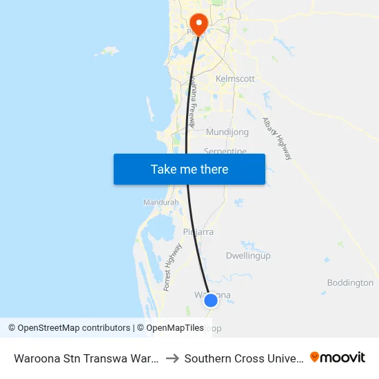 Waroona Stn Transwa Waroona to Southern Cross University map