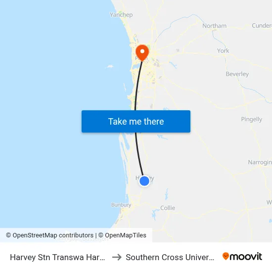 Harvey Stn Transwa Harvey to Southern Cross University map