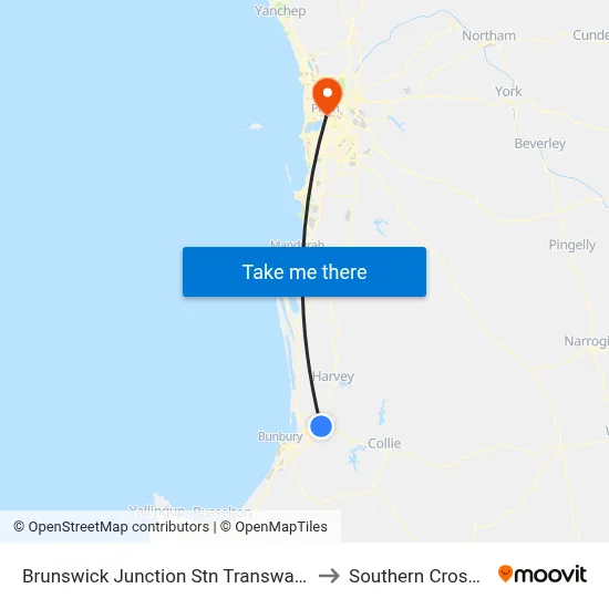 Brunswick Junction Stn Transwa Brunswick Junction to Southern Cross University map