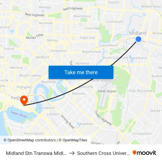 Midland Stn Transwa Midland to Southern Cross University map