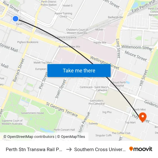 Perth Stn Transwa Rail Perth to Southern Cross University map