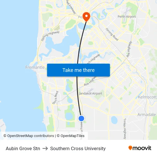 Aubin Grove Stn to Southern Cross University map