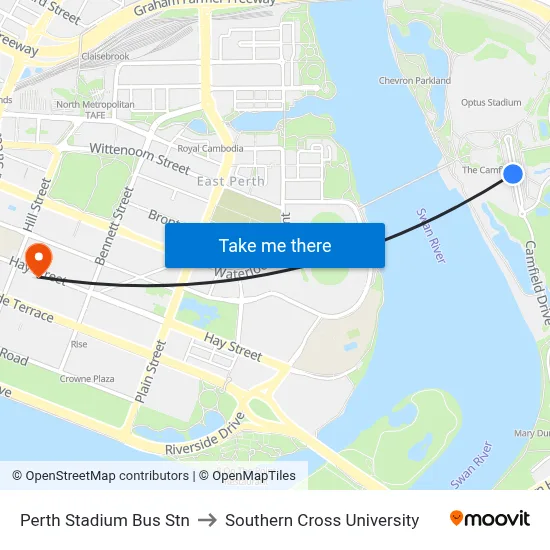 Perth Stadium Bus Stn to Southern Cross University map