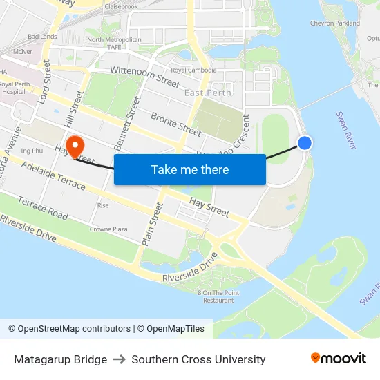 Matagarup Bridge to Southern Cross University map