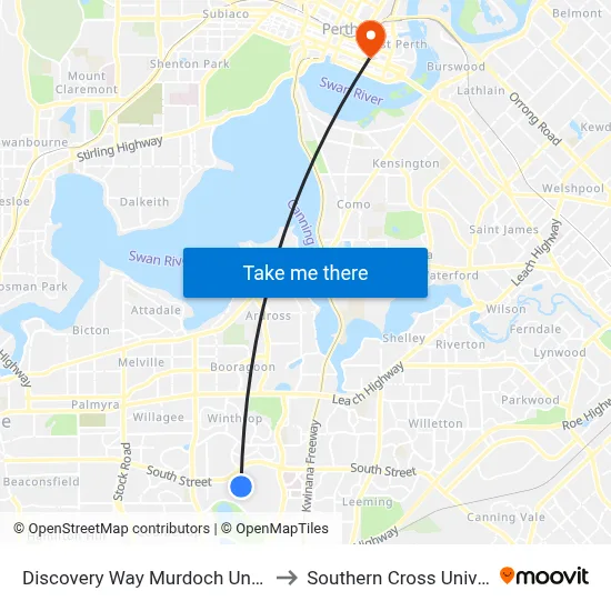 Discovery Way Murdoch University to Southern Cross University map