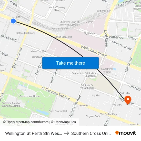 Wellington St Perth Stn Westbound to Southern Cross University map