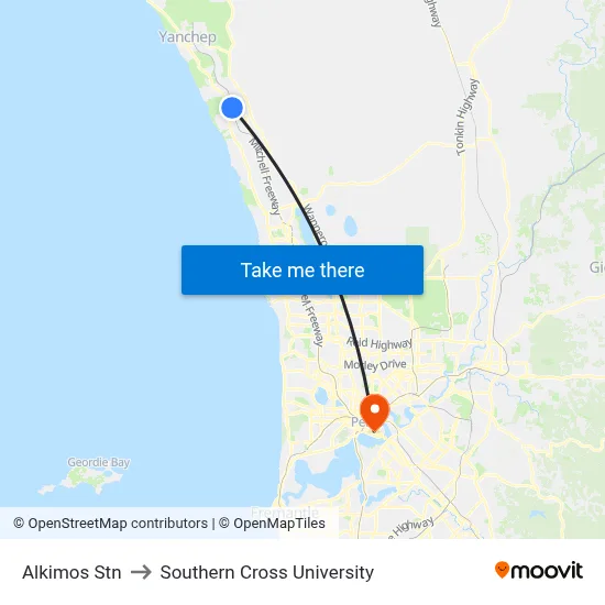 Alkimos Stn to Southern Cross University map